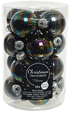 Weihnachtskugeln Glas 35mm x 16 Stück kleine Christbaumkugeln schwarz irisierend