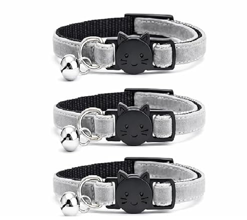 Velvet Cat Collars with Bell. Safe Breakaway Quick Release Buckle. Available in Cat & Kitten Size (Pack of 3) (Kitten Collar (15cm - 23cm), Grey Velvet (Pack of 3))