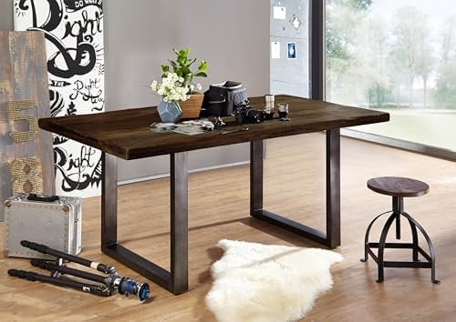 Massivmoebel24.de | Railway Esstisch aus Massivholz #407 | aus Mangoholz - braun geölt | + U-Beine aus Metall | 180x90cm | Massivholztisch Echtholztisch Esstisch