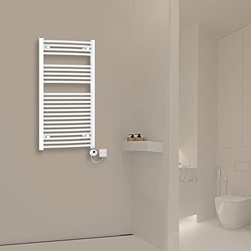 Warmehaus Electric Heated Bathroom Towel Rail Warmer Curved White Radiator Rad Prefilled 500W LCD Display White Thermostat Heating Element 1100x600mm