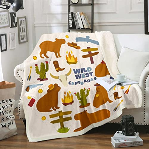 Capybaras Decke 150x200,Lustige Capybara Fleece Decke für Kinder Jungen Mädchen Teens,Niedliche Mexikanische Kaktus Druck Decke Werfen Westurn Cowboy Stil Fuzzy Decke Wilder Westen Thema Home Decor