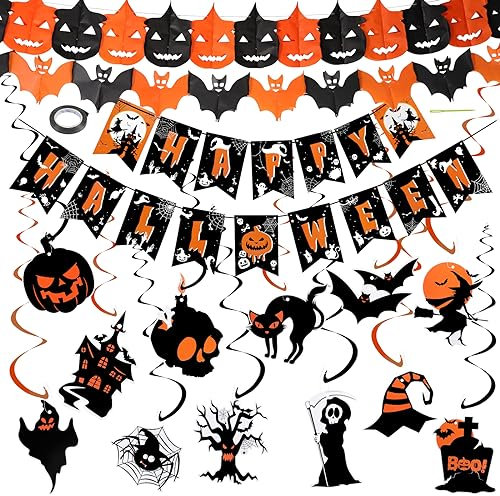CANCJ Halloween Deko,Halloween Girlande Set mit Hängende Halloween Spiralen,Halloween Banner, Halloween Girlanden,Luftschlangen Hängedeko für Grusel Halloween Party Horror Deko