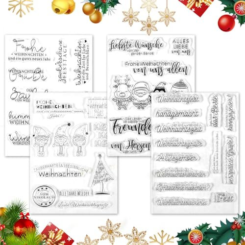 4 Blätter Silikonstempel Weihnachten Deutsch,Clear Stamp Weihnachten,Frohe Weihnachten Silikon Stempel,Stempel Klare Weihnachten Silikon,DIY Karte Scrapbooking Weihnachten Basteln