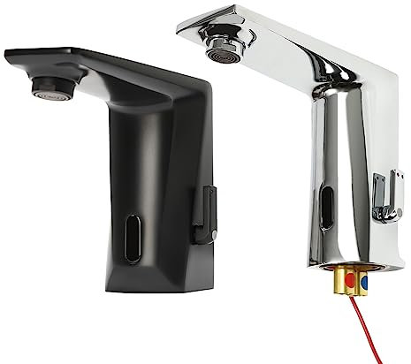 Elektronischer Waschtischmischer, Elektronischer automatischer Sensor berührungsloser Badezimmer Waschbecken Wasserhahn mit Versorgungsschlauch, Badezimmer Wasserhahn mit Steuerkasten (Schwarz)