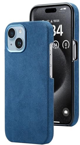 AKANTRA Alcantara Hülle für Apple iPhone-Serie, handgefertigt, halb umwickelt, synthetische Wildlederhülle, kompatibel mit Magsafe Wireless Charging (iPhone15, Marineblau)