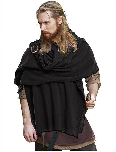 keland Mittelalter Schal Wrap Umhang Schultertuch Langes Tuch mit Brosche für Frauen Männer (Schwarz)