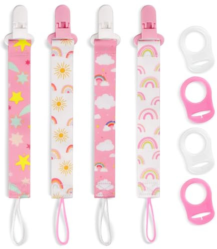 Suofuolef 4 Pezzi Ciuccio Catena per Bambini, Catenella Porta Ciuccio con 4 Pezzi Ciuccio Clip Adattatore per Neonato per Nascita Battesimo Baby Compleanno Natale Regalo (rosa)