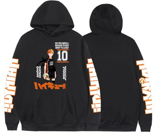 sdfsdfsd Anime Manga Haikyuu!! Karasuno High School Hinata Shoyo Cartoon Hoodie, schwarzes Sweatshirt für Fans Cosplay, schwarz 2, L
