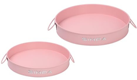 simpa Round 2PC Metal Colour Serving Trays Set with Handles, 30cm & 25cm Diameter Trays - Matt Pink