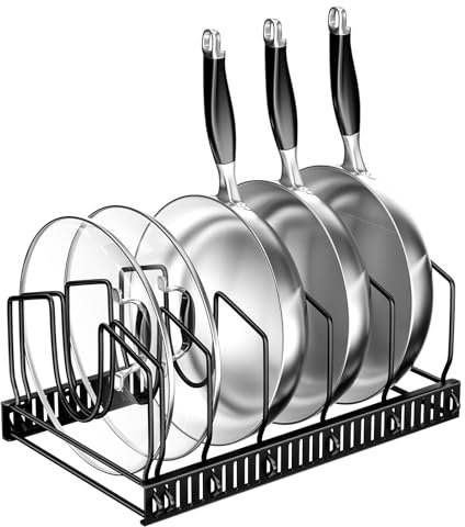 Fousenuk Organizador de Sartenes, Soporte Sartenes de Cocina, Separador de Sartenes Ajustable con 7 Compartimentos, Estante para Almacenar Ollas y Tapas, Sujeta Tapas Cocina de Metal (Negro)