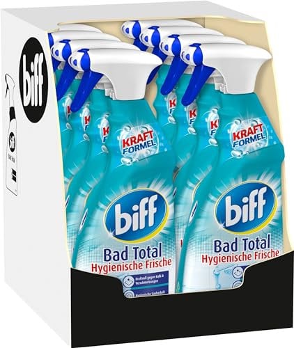 Biff Bad Total Hygienische Frische Badreiniger (8 x 750 ml), Bad Reiniger gegen Kalk & Schmutz, Sprühflasche, Kalkentferner für alle Oberflächen und hygienische Sauberkeit im ganzen Bad