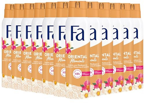 Fa Deospray Oriental Moments (12x 150 ml), Deo mit dem zarten Duft von Wüstenrose & Sandelholz, Deo ohne Aluminium für bis zu 48 h Deo-Schutz, hinterlässt keine Deo-Rückstände auf der Kleidung