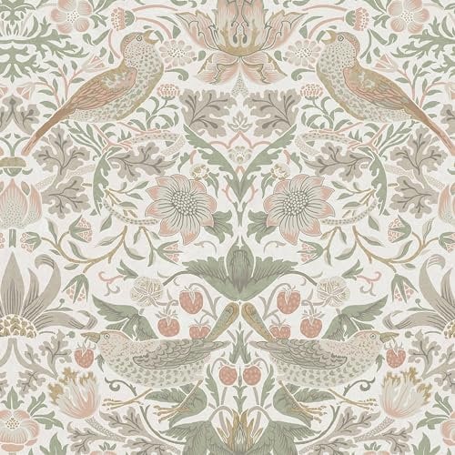 William Morris At Home Strawberry Thief Sage & Pink Vliestapete 10mx52cm | | Einfach anzubringen und zu Entfernen 1005 x 52