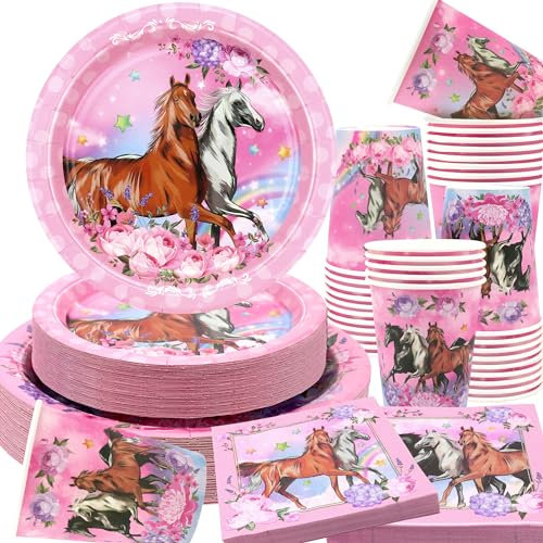 Obussgar Rosa Pferd Geburtstag Party Dekorationen für Mädchen - Cartoon Pferd Party Zubehör einschließlich Teller, Tassen, Servietten, Tischdecken für Mädchen Party Dekorationen (20)