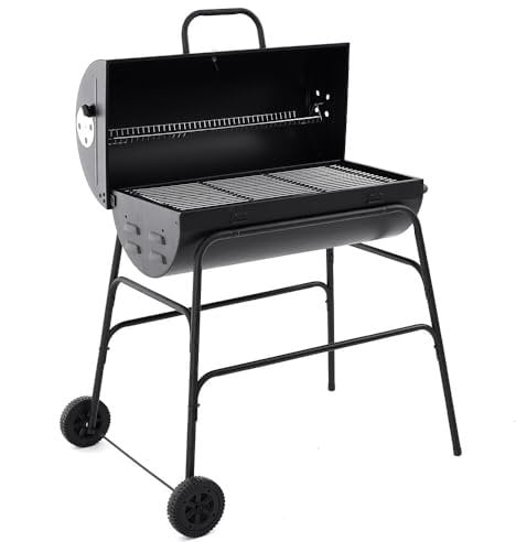 Panana Oil Drum Charcoal BBQ Grill - With Lid Cover - Chrome Plated Steel Cooking Grid - Built-in Temperature Gauge - Warming Rack and Base Wheels - Freestanding Outdoor Oven - Picnic, Garden, Camping