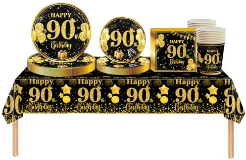 69pcs Black Gold 90th Birthday Decorations - Tableware, Tablecloth, Paper Plates, Napkins, Cups for Him, Her 90th Birthday Gifts