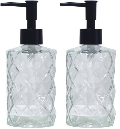 Kristallklarer Glas-Seifenspender mit schwarzer Pumpe, 2 Stück, 340 ml, Diamant-Handspender, nachfüllbarer Lotionspender & Spülseifenspender, Badezimmer-Seifenspender für Flüssigkeit, Duschgel