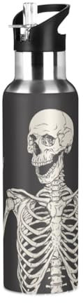 Yopersonalizes Bouteille d'eau isotherme avec paille - 1 l - Tête de mort de squelette humain - En acier inoxydable - Anti-fuite - Pour voyage, salle de sport