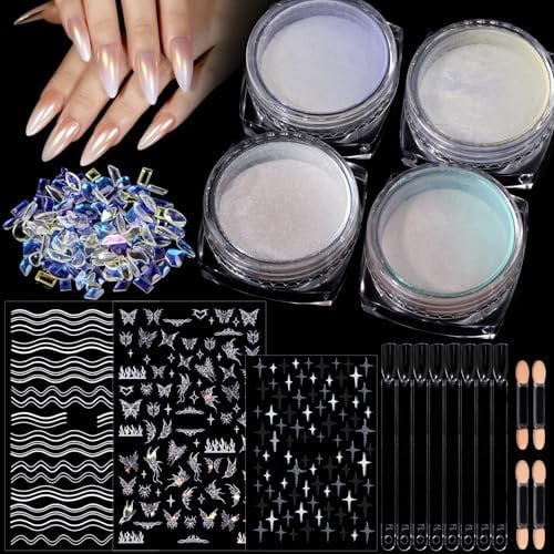 Teenitor Chrome Nail Powder, Nail Chrome Powder for Nails with Nail Art Stickers, White Chrome Nail Powder Pearl Chrome Nail Powder Mermaid Chrome Nail Powder