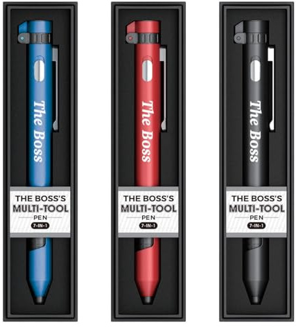 The Boss Named Personalisierter Multifunktions-Stift 7-in-1 mit Taschenlampe, Handyhalter, Stylus, Kompass und Schraubendreher-Set – verschiedene Farben (Rot, Blau, Schwarz) – Schwarze Tinte