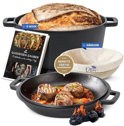Ottia Gusseisen Topf, Deckel als Pfanne, Brot backen, Eintopf, Schmortopf, für Induktion, Gas, Camping, Feuer, BBQ, Grill, mit Gärkorb & Rezeptbuch, Händler aus Hamburg