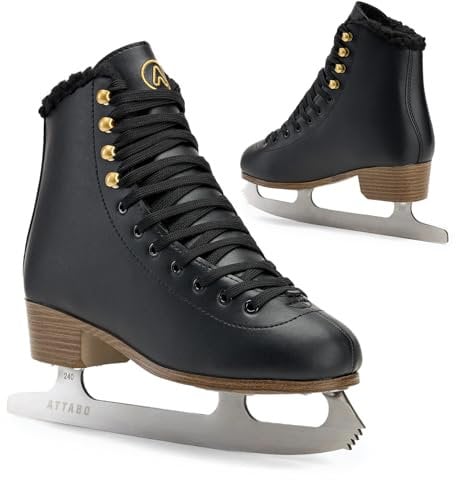 ATTABO Eiskunstlauf Schlittschuhe Damen ISLA Schwarz Größe 37EU Edelstahlkufe Ideal für Anfänger oder Fortgeschrittene PVC Obermaterial Starker Knöchelschutz und Stabilität beim Fahren auf dem EIS