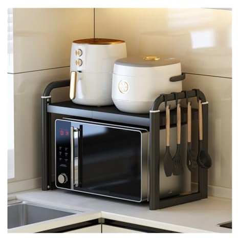 GTOULHH Kitchen Baker's Rack, Kitchen Microwave Oven Rack Multi-function Countertop Rice Cooker Oven Integrated Storage Rack Retractable Storage Rack Kitchen Shelf Rack(Black,58cm)