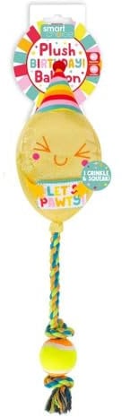 Yellow Birthday Balloon Soft Plush Pet Toy Squeaker Crinkle Effect Dog Puppy Rope Ball