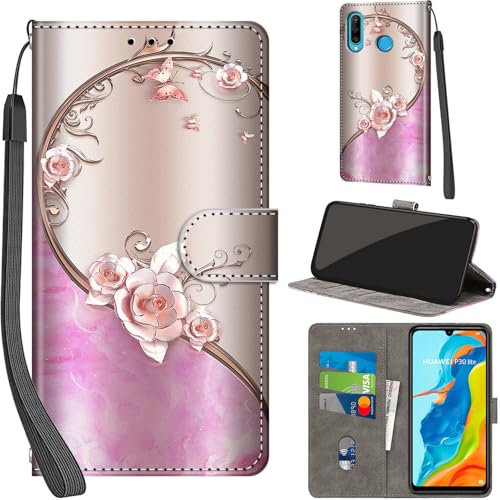 Handyhülle für Huawei P30 Lite Hüllen Premium Leder Case Klappbar Wallet Magnet Kartenfach Standfunktion Schutzhülle kompatibel mit Huawei P30 Lite Cover,Rose