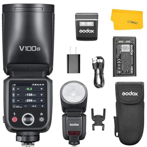 Godox V100N V100-N Flash pour Nikon, 100Ws TTL 2.4G sans Fil Flash à Tête Ronde Speedlite HSS 1/8000s, 400 Flashs à Pleine Puissance, Lampe de Modélisation LED, Externe Flash pour Nikon Caméra