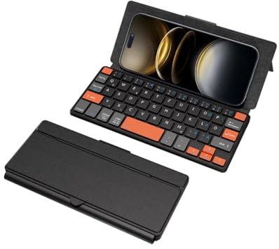 Doohoeek Dual Bluetooth Tastatur für Handy, Mini Tragbare Funktastatur für iPhone, iPad mini, Samsung Z Fold, Kabellose Faltbare Tastatur mit Ständer für iOS, Android und Windows, Orange&Schwarz