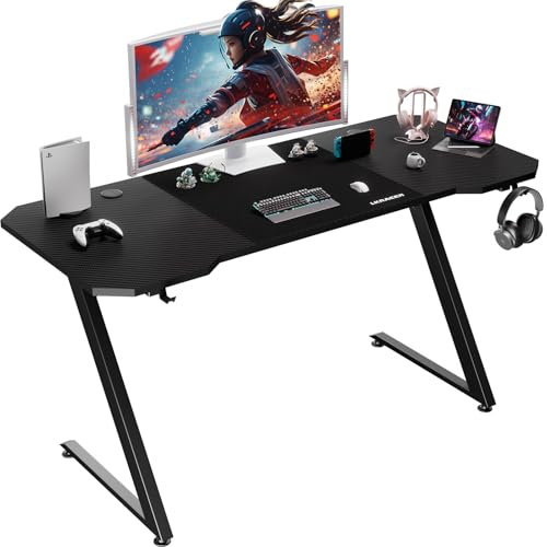 LUCKRACER Gaming Tisch, Gaming Schreibtisch, 120 x 60 cm, Gamer Computertisch, Ergonomischer PC Schreibtisch, Gaming mit Kohlefaseroberfläche, Getränkehalter und Kopfhörerhalter, Schwarz