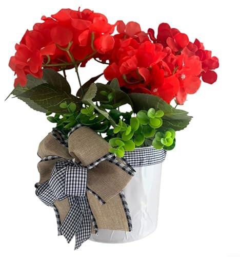 Cesta colgante de geranio rojo artificial, 30 x 35 x 9 cm, decoración de plástico resistente a los rayos UV, resistente a la intemperie para porche, patio, entrada, sin riego, bajo mantenimiento