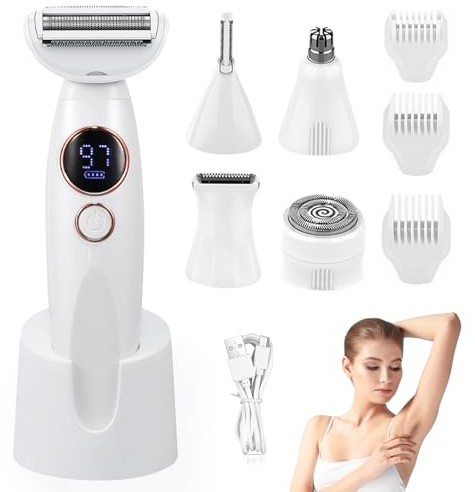 5-in-1 Elektrischer Rasierer Damen, Intimrasierer für Frauen, Damenrasierer Elektrisch für Gesicht, Achseln, Beine, Arme & Bikinizone – Wiederaufladbar, IPX7 Wasserdicht, Nass- und Trockenrasur