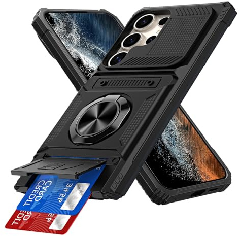 IMEIKONST for Samsung Galaxy S23 Ultra Case with Card Holder, Camera Protection Cover & Magnetic Ring Kickstand, Hard PC Back Shockproof Phone Case for Samsung Galaxy S23 Ultra. Black TCKB