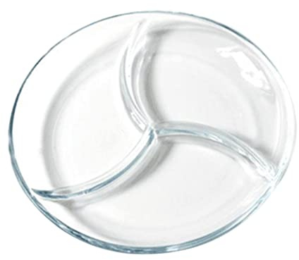 HEALLILY Assiette en verre pour micro-ondes avec trois compartiments divisés, contrôle des portions, plateau à collation pour fruits, salades et repas, plat alimentaire léger avec bords surélevés pour