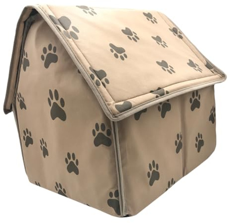 Faltbares Hundezelt Haus mit Kissen, 47x42x46cm, Kaffeefarben | Vliesstoff und Schaumstoff, Fußabdruck Muster, für Hund und Tragetaschen, Innen auf Sofa, Leicht zu Reinigen