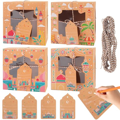 DPKOW 12 Sk Ramadan Eid Boxen mit Fenster für Snacks, Kraftpapier Geschenkboxen für Süßigkeiten Kekse Donuts, Islamische Partyboxen für Ramadan Eid Geschenke Cupcakes Boxen Eid-al-Adha Umrah Hajj