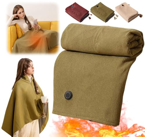2026 Neu Wearable Elektrische Heizdecke, Portable Heated Shawl, 150x80cm Wärmekissen mit 3 Temperaturstufen Kabellos Wärmedecke Heizdecke Wearable Kuscheldecke mit Zipper Wärmeunterbett (Grün)