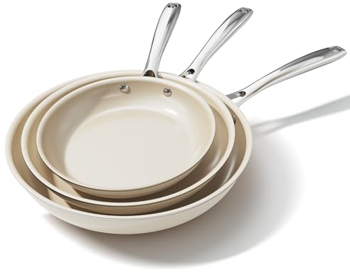OUBRL Ceramic Nonstick Frying Pans Set, Fry Pan Skillet, Non Toxic Pans for Cooking, Egg Pans,Induction Suitable,PFAS-Free Cookware, Dishwasher Safe, Oven Safe (Cream/White, 20+24+28CM)