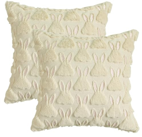 Artoid Mode Künstliche Pelz Beige Kaninchen Ohren Ostern Kissenbezüge 2er Set, 40x40 cm Plüsch Samt Sofakissen Zierkissenbezug Schlafzimmer Deko