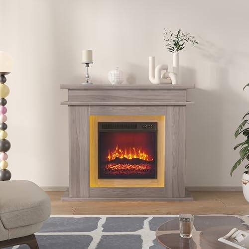 Elektrischer Wandkamin, Elektrischer Wandkamin mit 3D-LED-Flammeneffekt, Dekorativer Freistehender Kamin mit einstellbarer Farbe und LED, Elektrische Heizung (Farbe Eiche, 101 x 35 x 89 cm)