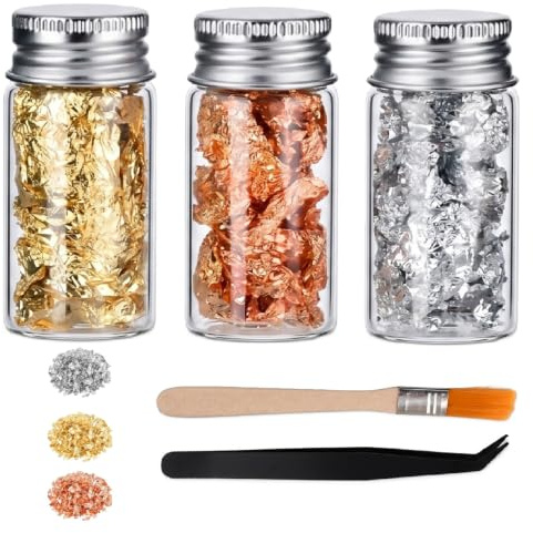 3 Flaschen Blattgold Flocken Set, Imitation Goldfolie Silber Roségold, Metallic Folienflocken mit Pinzette und Pinsel, Blattgold zum Basteln für Nägel, Malerei, Harz, Kerzen, Vergoldung, 3g