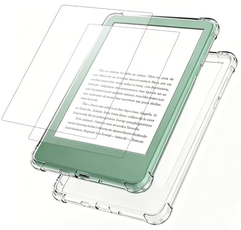 Coque pour Kindle 2024 2022 6 Pouces avec 2 Verre Trempé, Étui de Protection Transparent en Silicone TPU Souple, Housse Anti-Choc et Anti-Rayures pour Liseuse Kindle