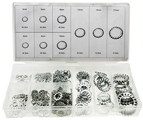 Zahnscheiben-Sortiment (aussen gezahnt) diverse Größen 3-21mm 325-tlg. Sicherungsscheiben Satz/Sicherungsring Set (im wiederverwendbaren Aufbewahrungsbox/Sortimentsbox/Sortierkasten)