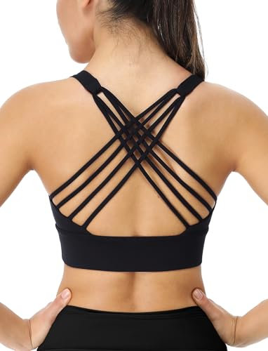 icyzone Damen Sport-BH mit Gepolstert Ohne Bügel Gekreuzt Rücken Gym Fitness Yoga Bra (Black, S)