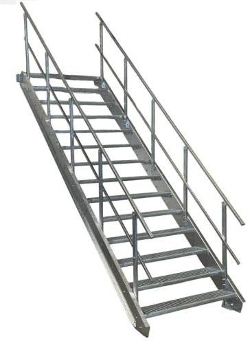 SRM Design 14 Stufen Stahltreppe Breite 100 cm verzinkt 2X Geländer | Geschosshöhe 210 - 280 cm feuerverzinkt Robuste Außentreppe Wangentreppe Stabile Industrietreppe Außenbereich