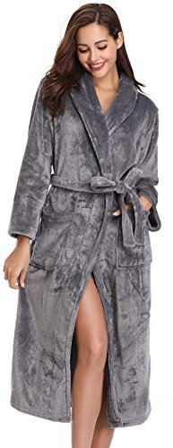 Vlazom Damen Bademantel Flanell Weiche Winter Bademantel Saunamantel Morgenmantel Lange Ärmel Hausmantel für Damen（L，Dunkelgrau）
