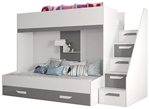 MEBLE KRYSPOL Party 16 Hochbett für Kinder, Jugendliche mit Stauraum - Etagenbett mit Schreibtisch, Kleiderschrank, Bücherregal und Trittleitern - 247x135x165 cm - Weiß, Grau, Weiß + Grau