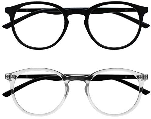 OPULIZE Met-Brille Blaulichtfilter 2er Pack Schlank Runder Rahmen Federscharniere Verbessert Schlaf Computerbrille Gaming Entspiegelt Schwarz Transparent Herren Damen BB60-1C +0.00